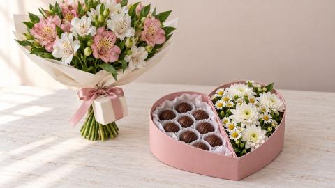 Где место конфетам, украшению и сертификату в подарке с цветами